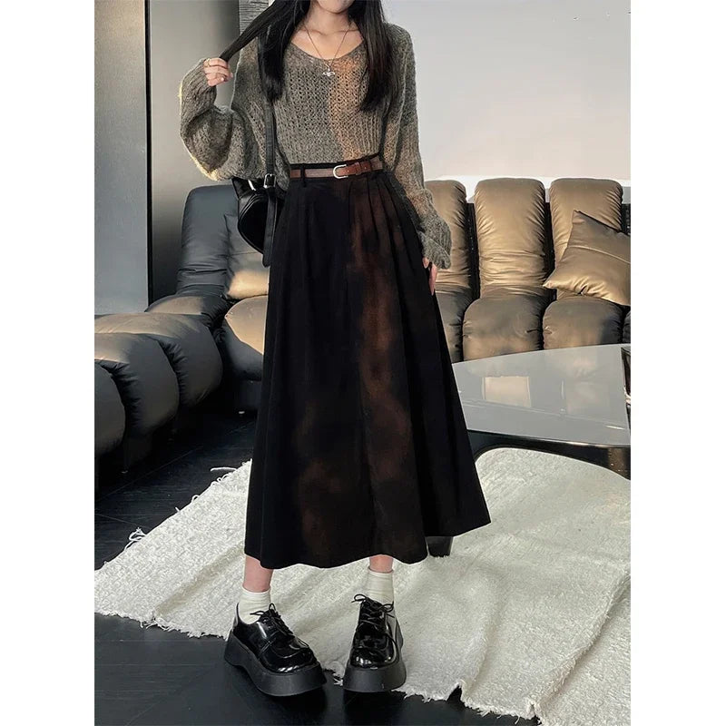 ESTELLE – Classic Belt Corduroy Midi Skirt