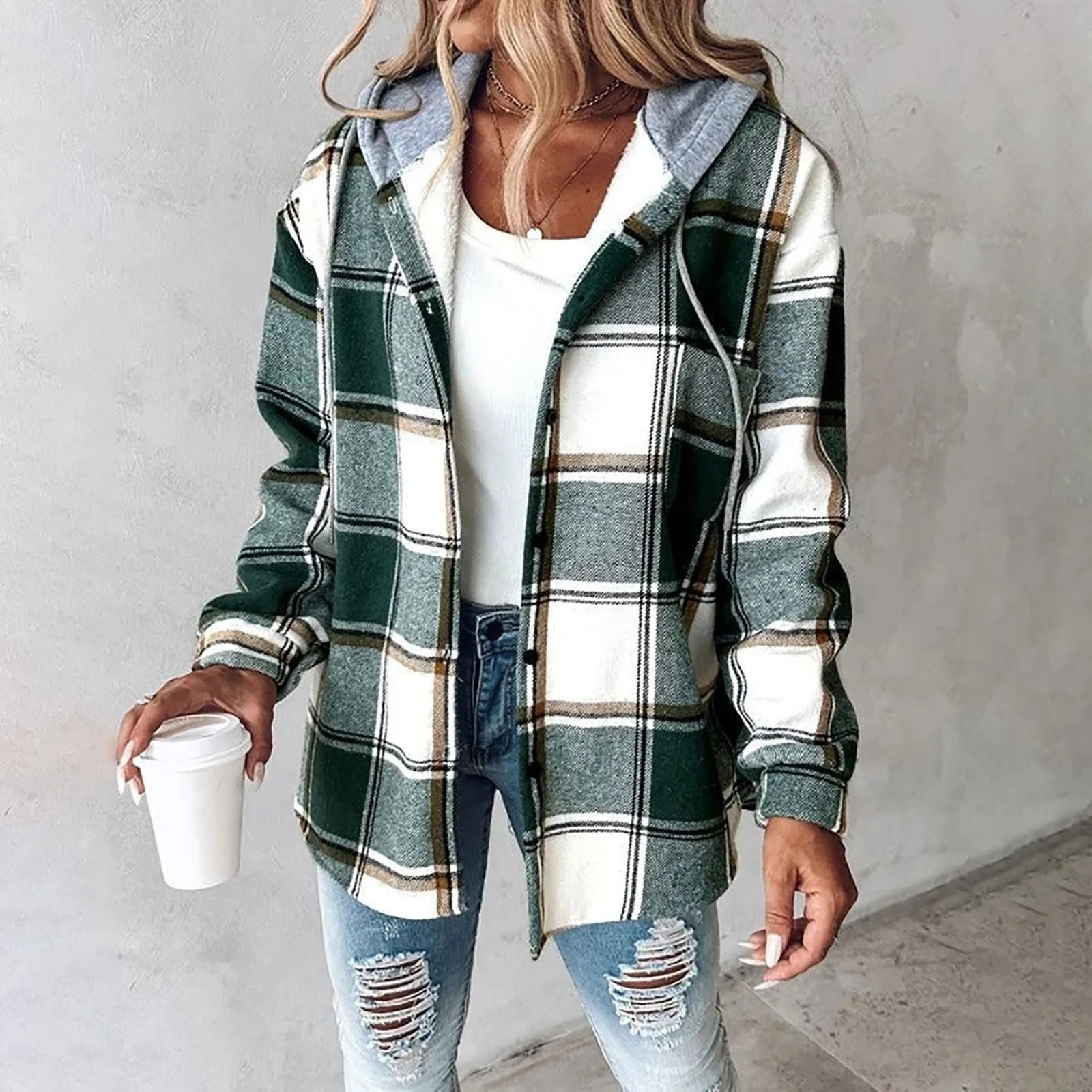 PAIGE - Chic Plaid Long-Sleeve Button Down Hooded Jacket