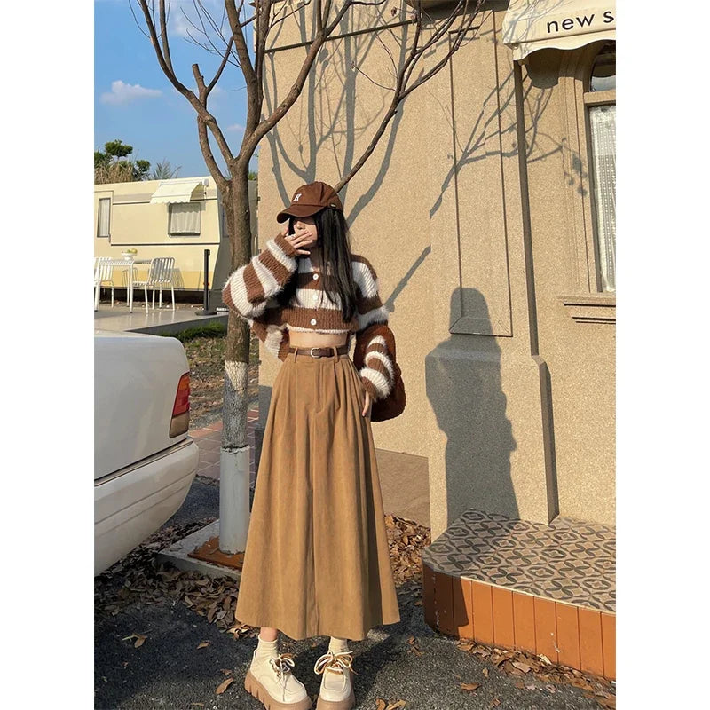 ESTELLE – Classic Belt Corduroy Midi Skirt