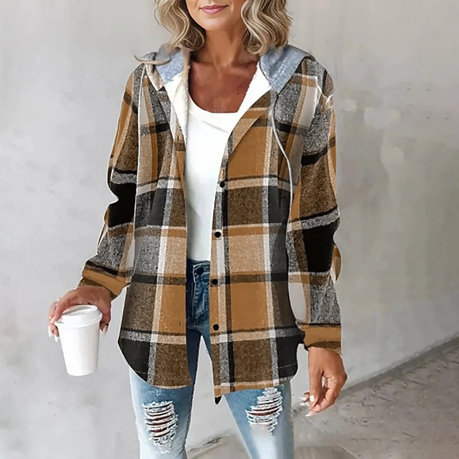 PAIGE - Chic Plaid Long-Sleeve Button Down Hooded Jacket