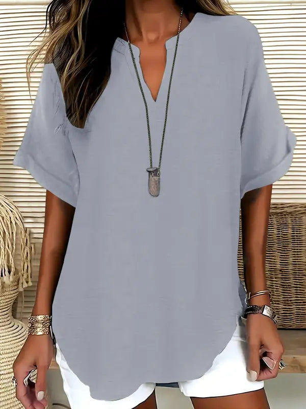 SEREIA - Casual Plain Short Sleeve Blouse