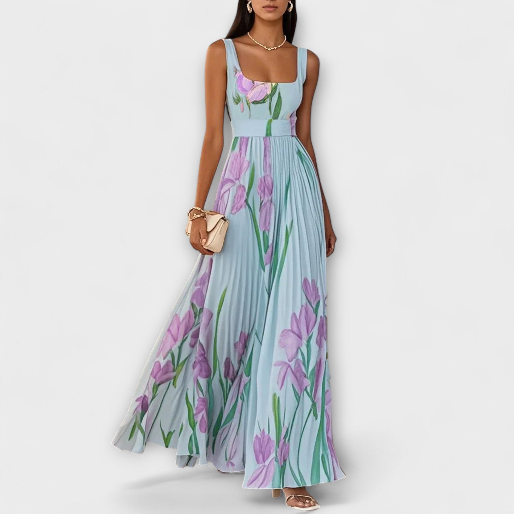 SHARITO – Classic Elegant Square Neck Pleated Maxi Dress