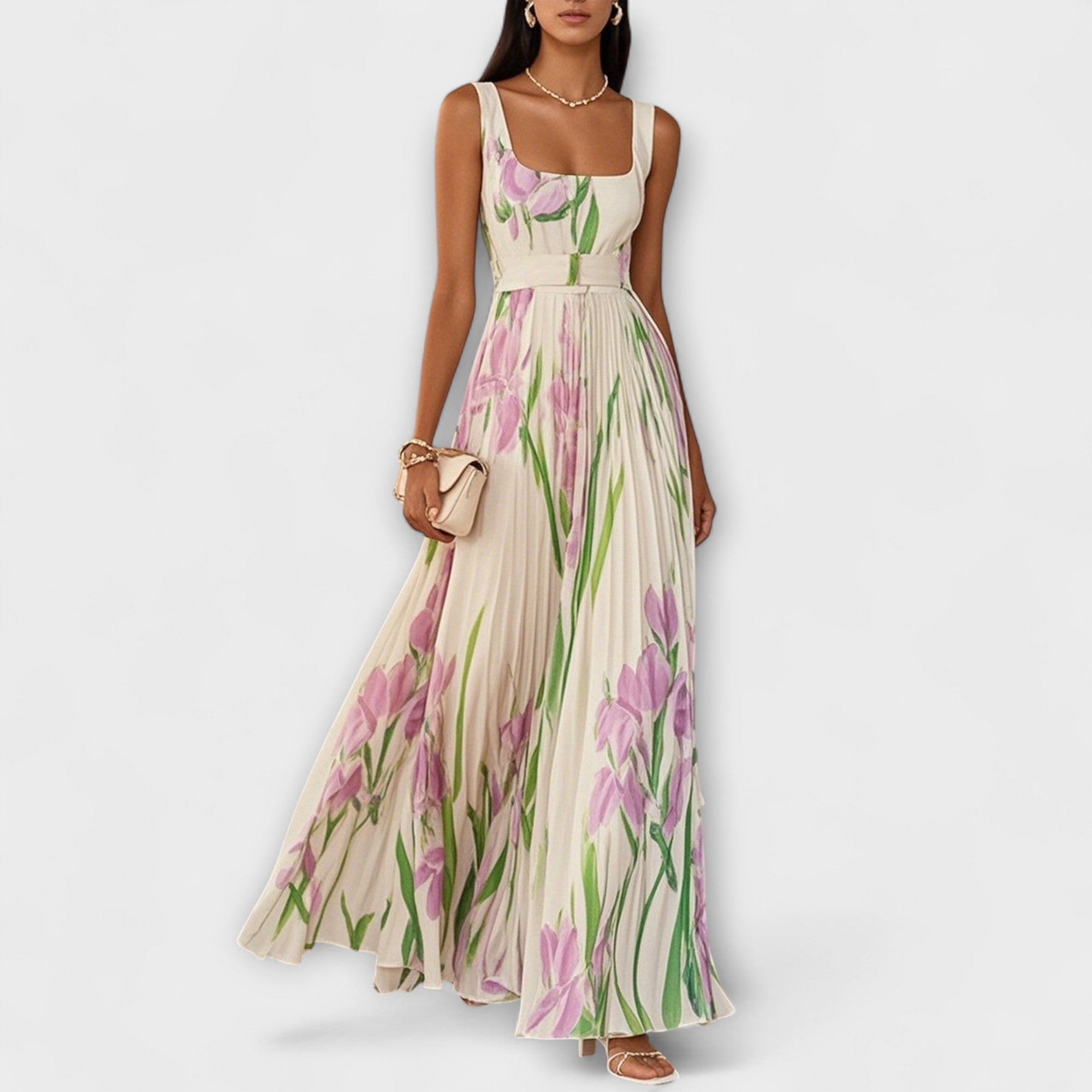 SHARITO – Classic Elegant Square Neck Pleated Maxi Dress