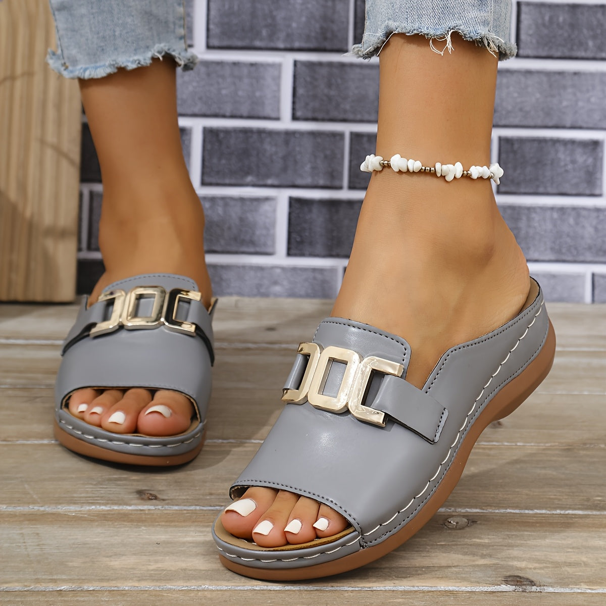Kaia Gold Buckle Slide Sandals