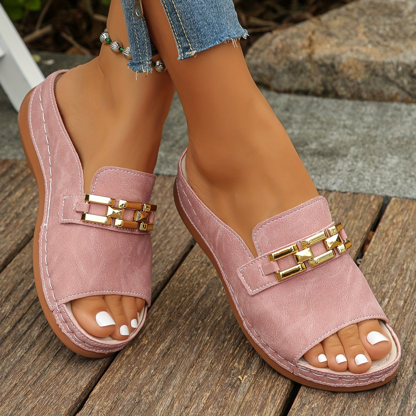 Romy Gold-Link Slide Sandals